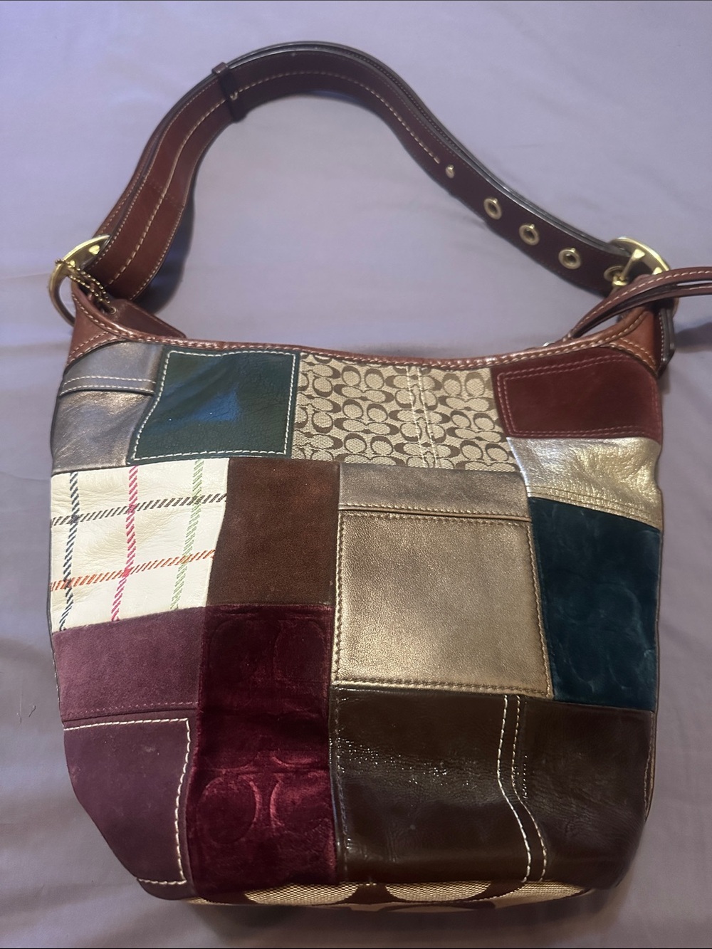 Coach Patchwork Shoulder Bag in Multi Brown, Burgundy, Teal & Cream